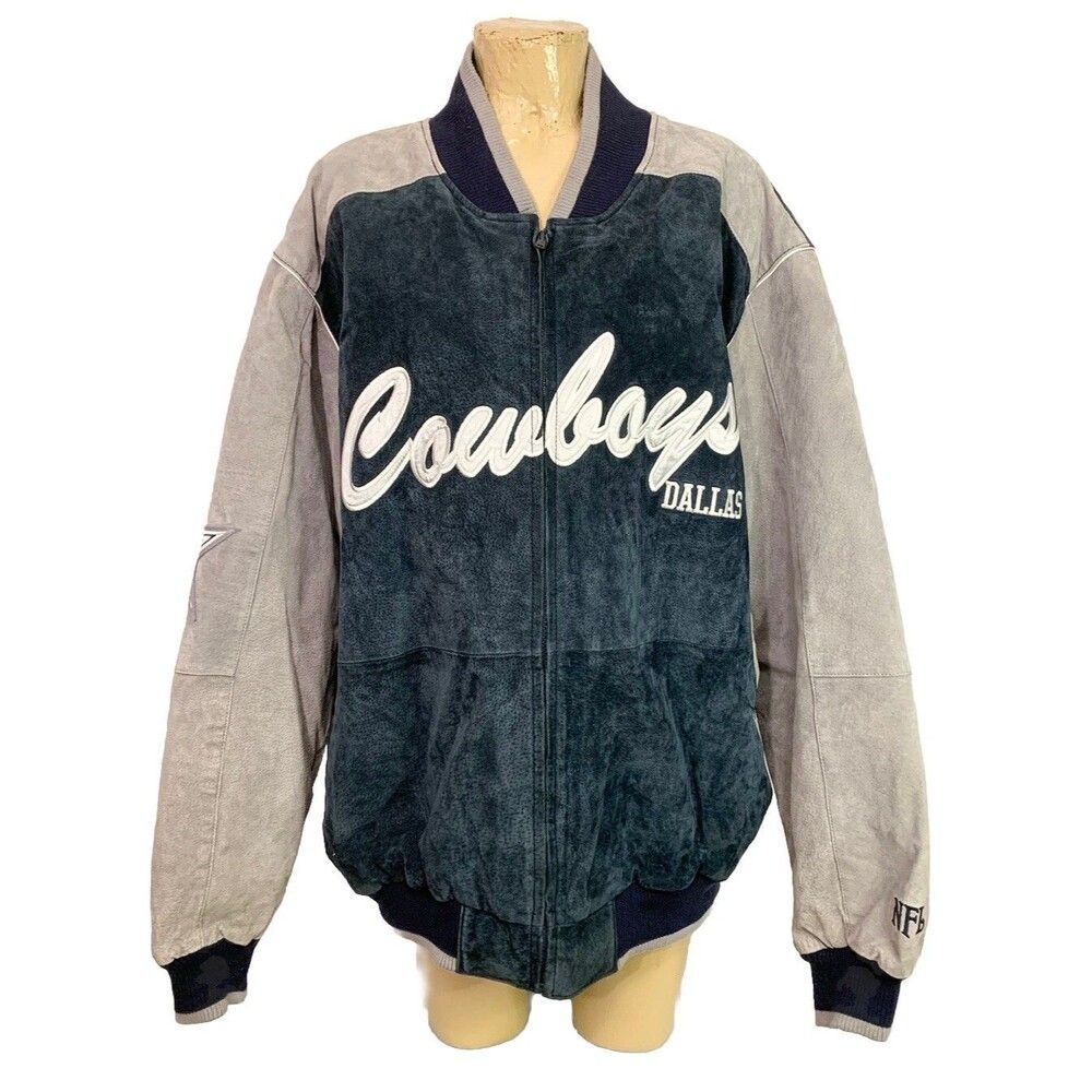Vintage Dallas Cowboys NFL Jacket XXL 2XL Blue Gray 100% Leather Embroidered EUC